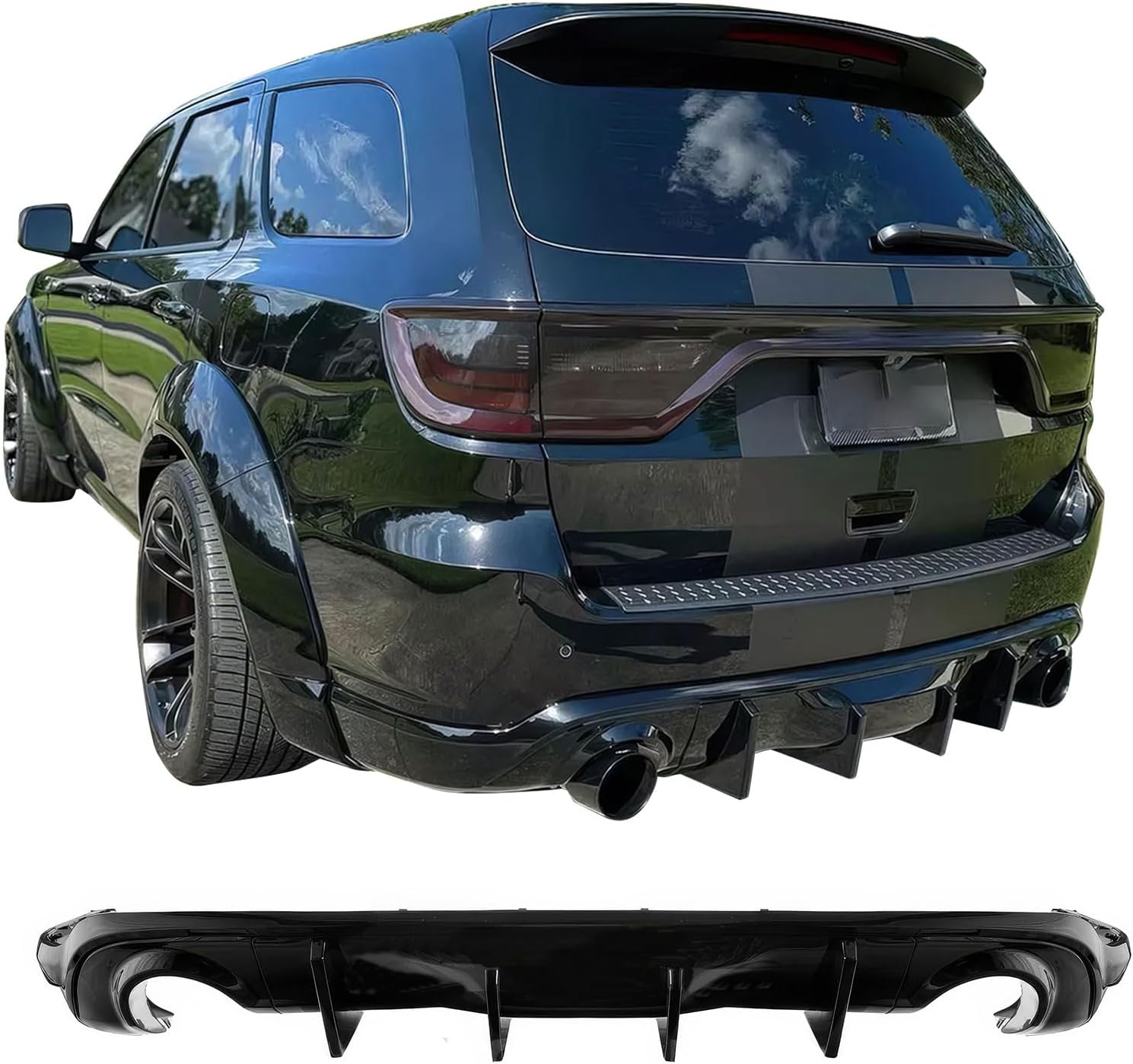 IKON MOTORSPORTS Rear Diffuser, Compatible with 2011-2026 Dodge Durango, IKON V2 Style Gloss Black PP Polypropylene Shark Fin Rear Bumper Valance Spoiler, Air Dam Chin Splitter Molding 5PCS