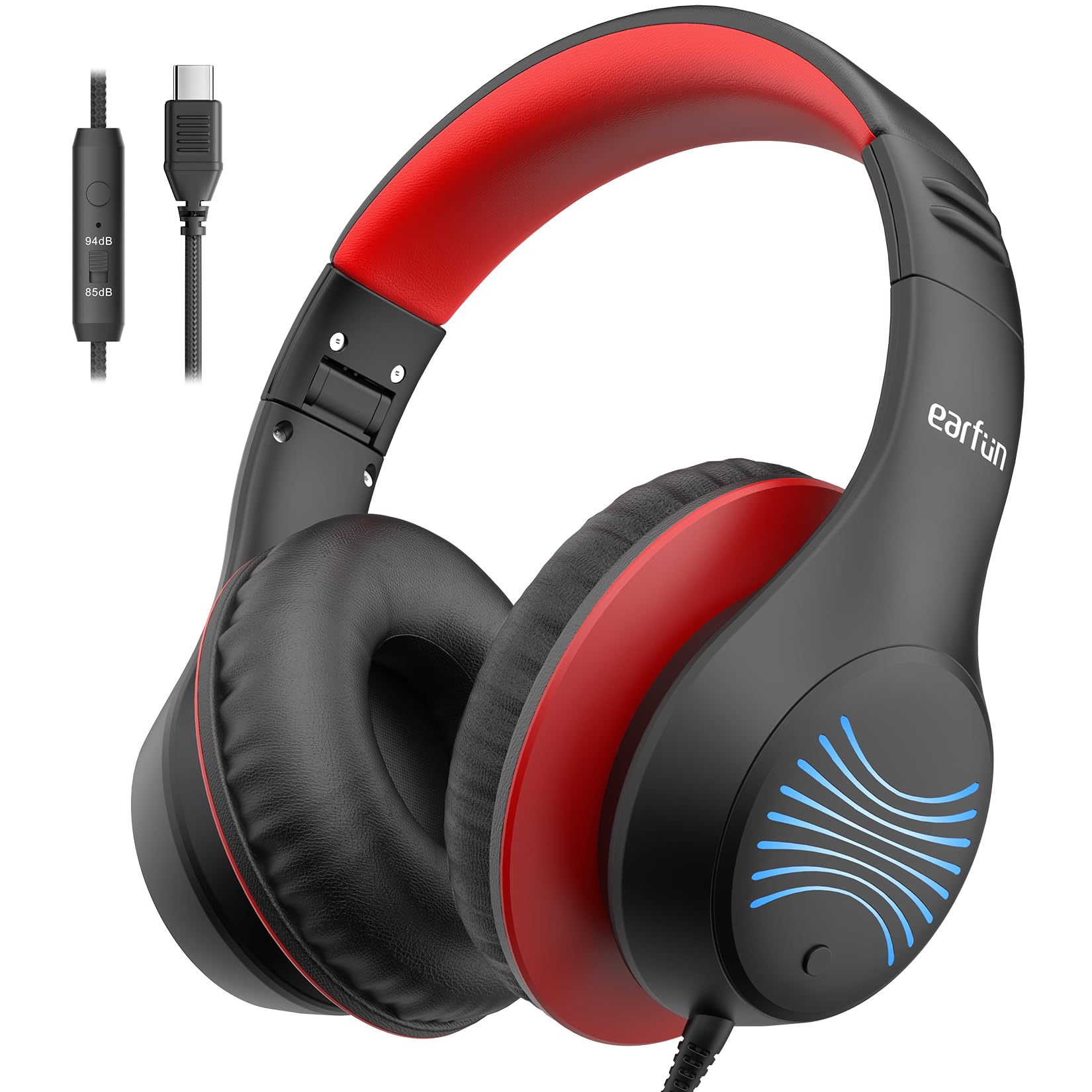 EarFun Kinder Kopfhörer mit LED-Leuchten, USB-C Kabel, 85dB Lautstärkenbegrenzer, HD-Mikrofon, Faltbare, Einstellbar, Komfortables Tragen, Hi-Fi Klang, Over Ear Kinderkopfhörer für Schule/Tablet, Rot