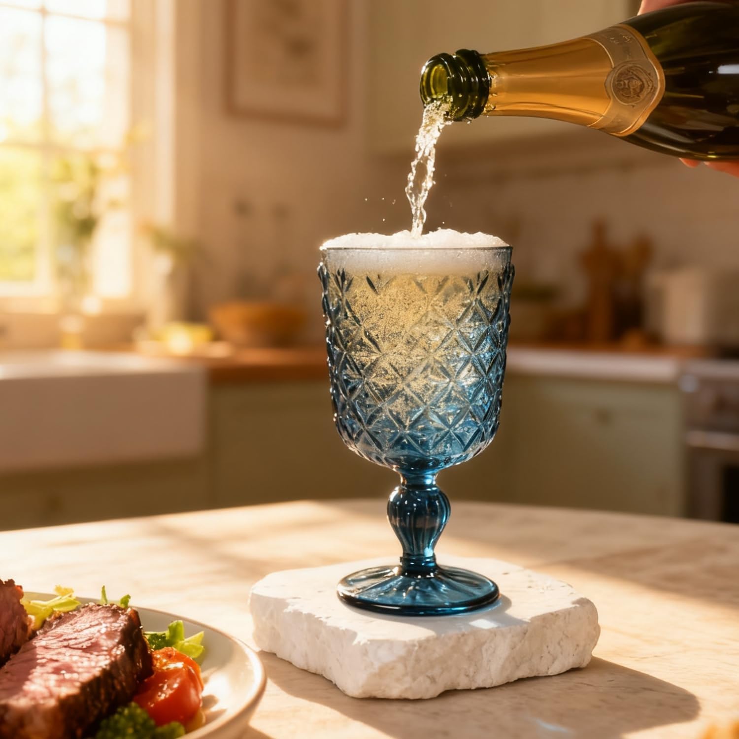 Blaue Weingläser im Vintage-Stil, 6 Stück, 340 ml, farbige Glaskelche mit geprägtem Blumenmuster, spülmaschinenfest for die Hochzeit, Party, Bar Getränkebecher
