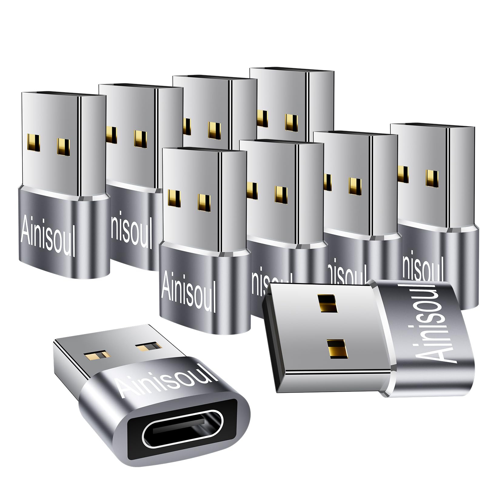 Adapter USB na USB C, 10 sztuk, adapter USB C żeński na USB męski, adapter USB na USBC, adapter kabla USB na USB C, adapter USB do iPhone'a 15/14/13, iPada Pro, AirPods, szary