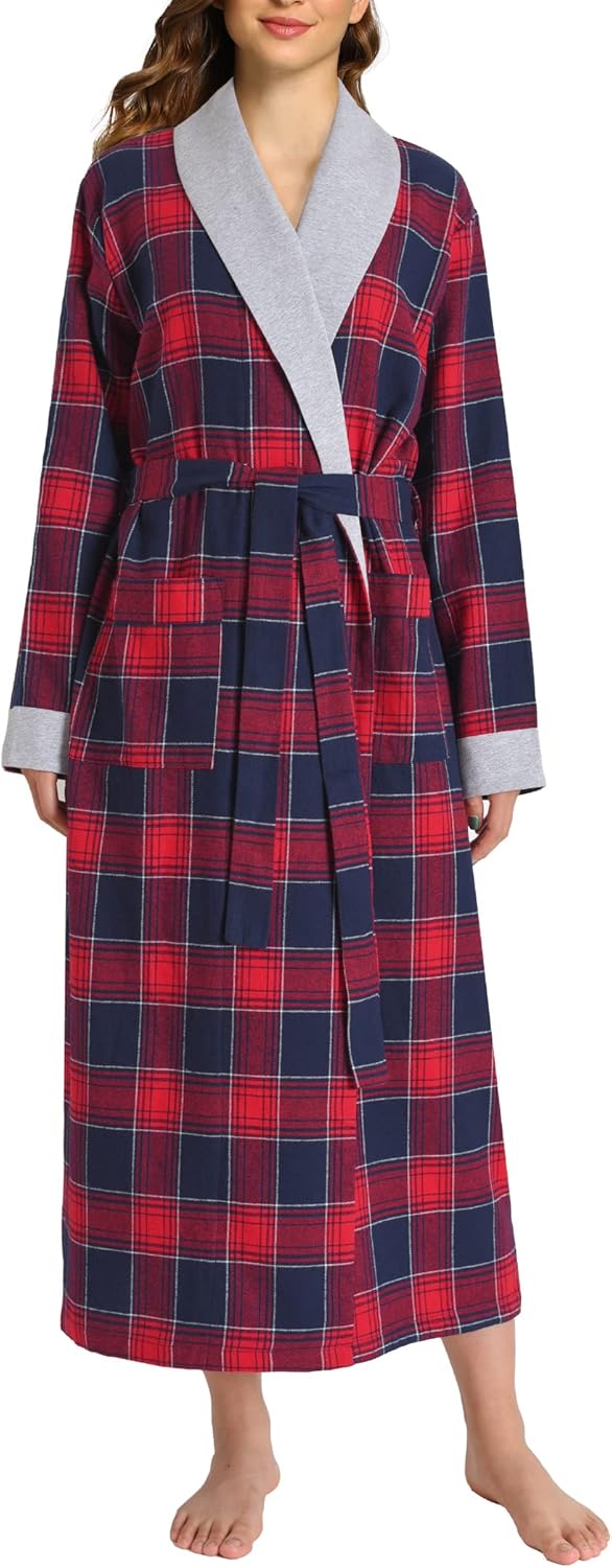 Latuza Women's Plaid Flannel Robe Long Cotton Bathrobe with Pockets