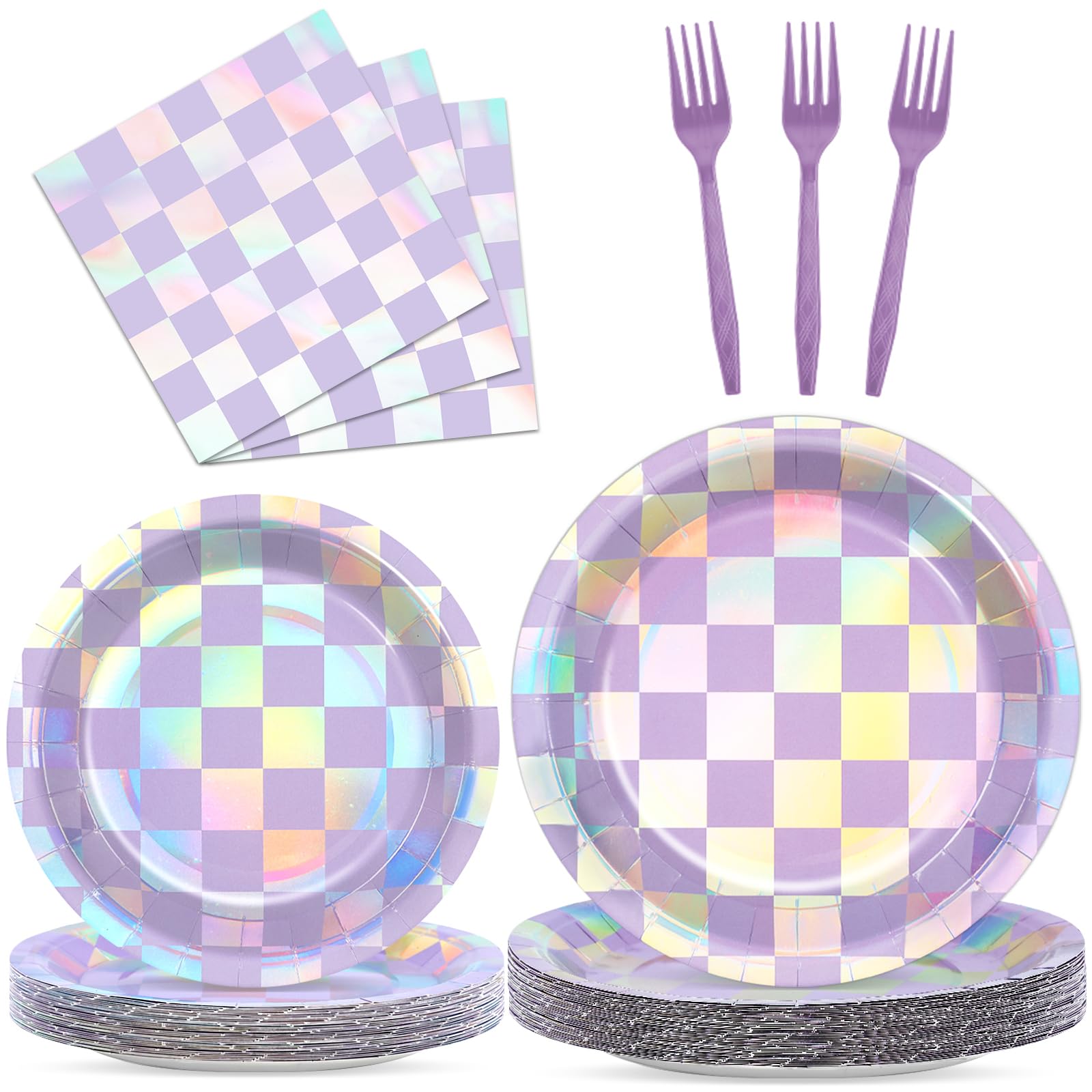 96Pcs Iridescent Birthday Party Supplies Purple Checkered Paper Plates Napkins Holographic Party Tableware Set Sparkle Tableware for Birthday Baby Shower Bachelorette Decoration Serve 24