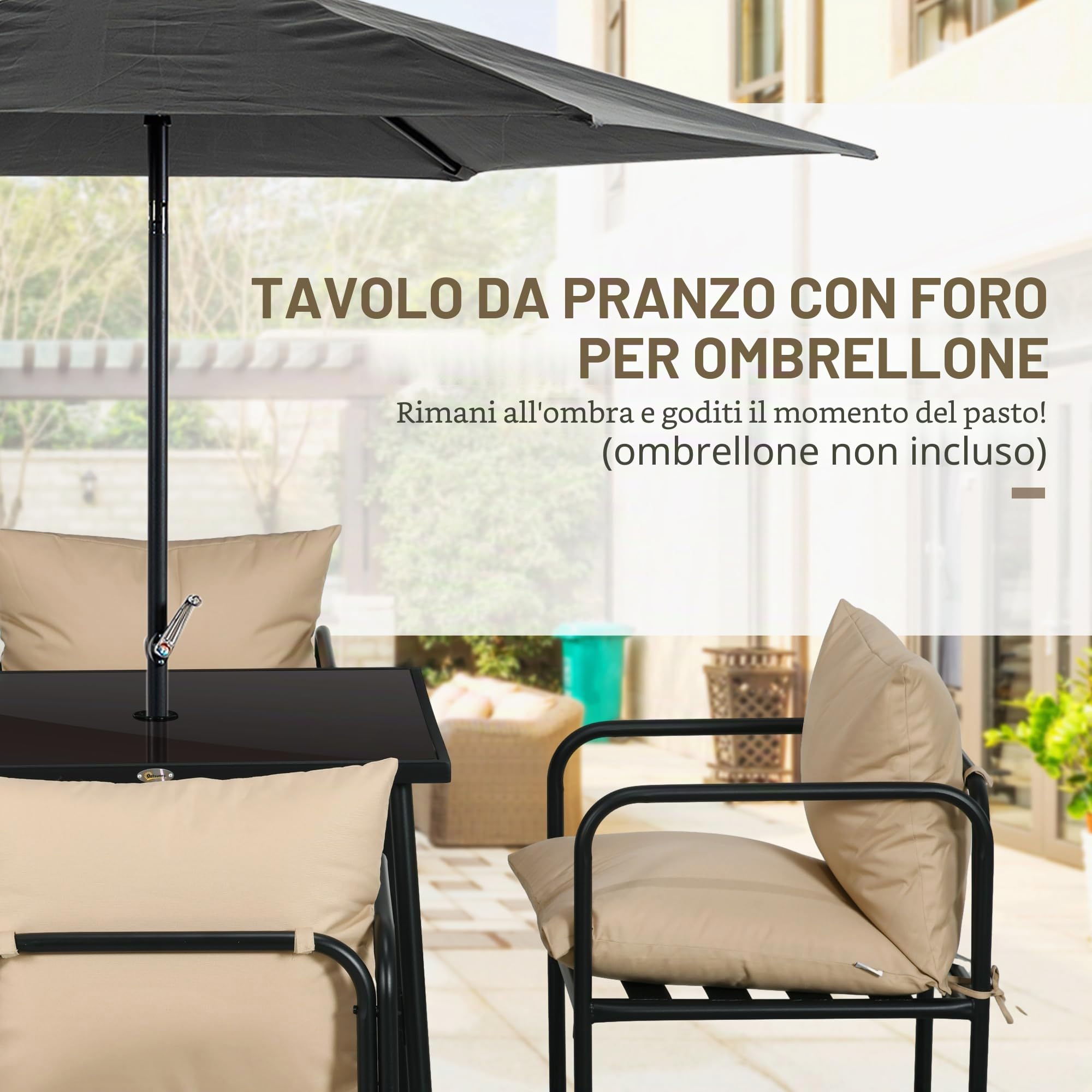 Outsunny Set da giardino in acciaio 5 pezzi con tavolo da pranzo quadrato