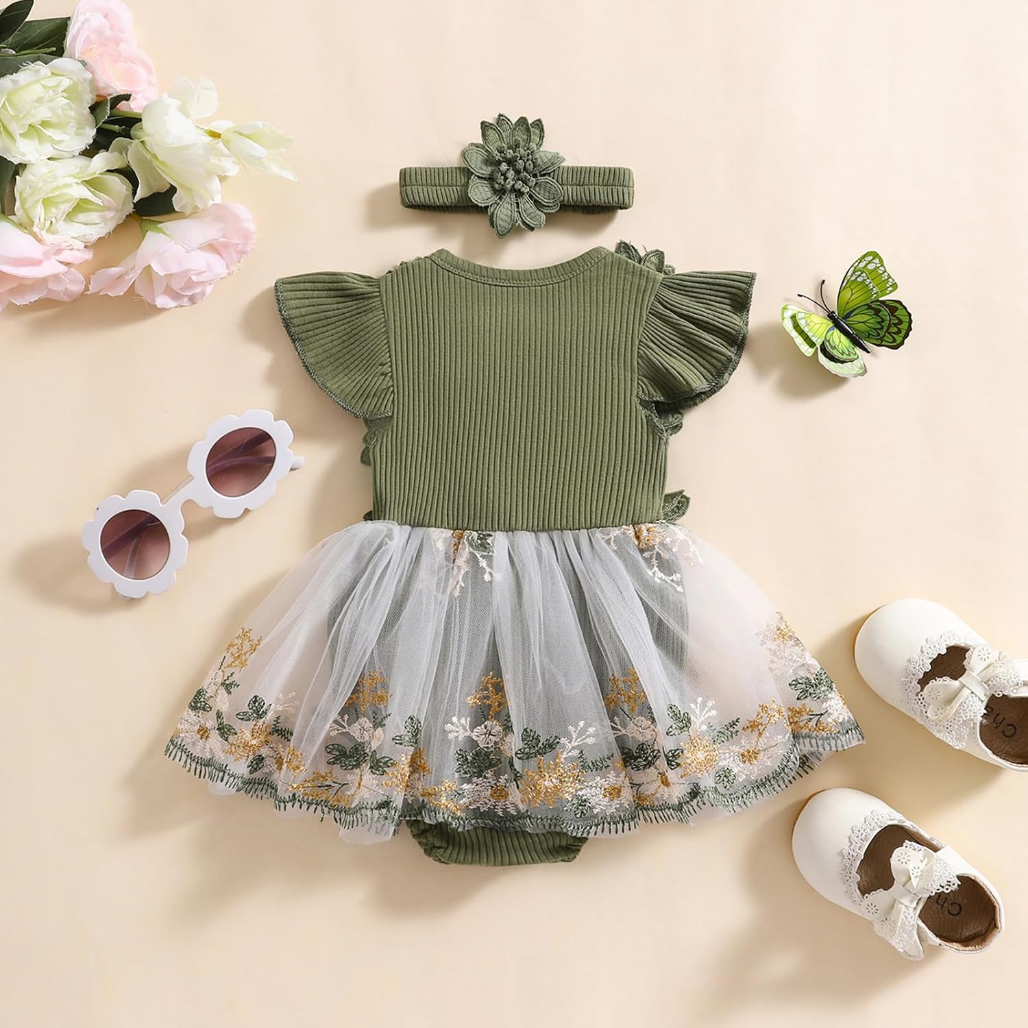 Infant Baby Girl Summer Clothes Romper Dress Embroidery Mesh Tulle Skirt Hem Ribbed Bodysuit Cute Newborn Outfits