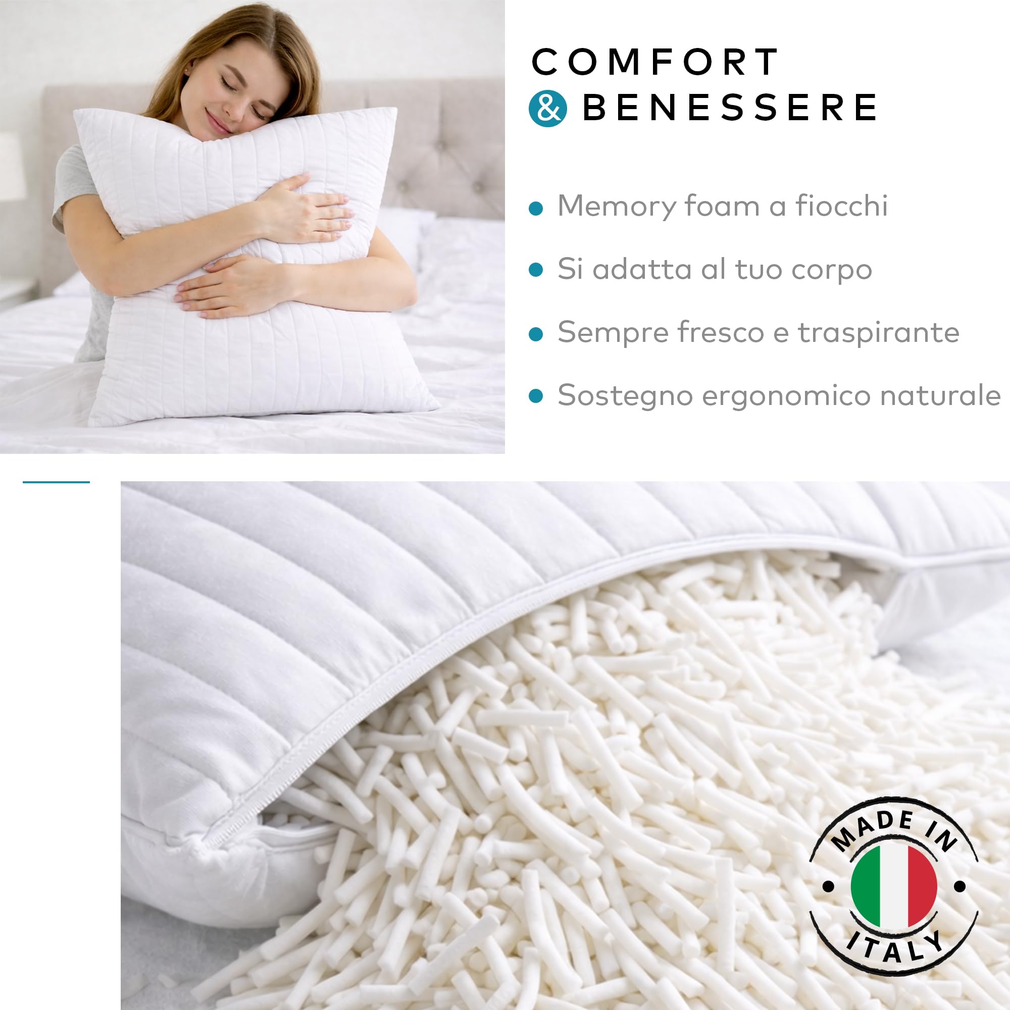 Deshome Serena – Coppia di Cuscini 45x45 cm, Cuscini Arredo e Letto, Guanciali Memory Foam a Fiocchi, Morbidi e Traspiranti, Cuscino per Dormire, Rivestimento Trapuntato, Made in Italy
