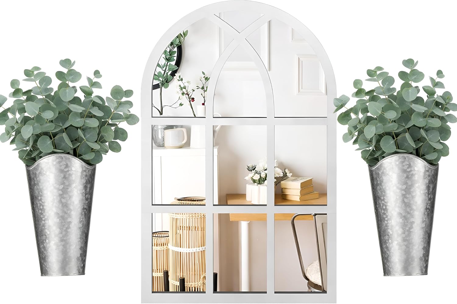 Chunful 3 Pcs Farmhouse Wall Decoration, Includes Self Adhesive Arched Acrylic Mirror and 2 Galvanized Planters, Farmhouse Mirrors with Wooden Frame Metal Tin Vases for Home Bedroom Living Room