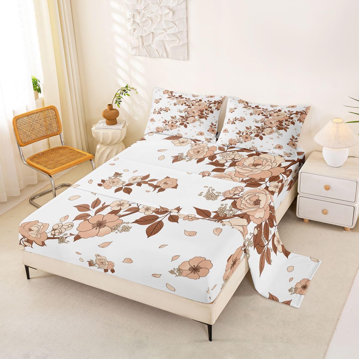 Homewish Boho kwiatowe prześcieradła podwójne vintage róża piwonia kwiaty zestaw pościeli brązowy i gałąź botaniczny zestaw pościeli - rustykalny dom wiejski dopasowane płaskie prześcieradła 4