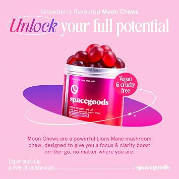 Spacegoods Moon Chews Lions Mane Mushroom Gummies |30 Servings| Strawberry | Powerful Lion's Mane Super Gummies, Focus & Clarity Boost, Delicious Texture and Taste | 1 Month Supply – Vegan Supplement