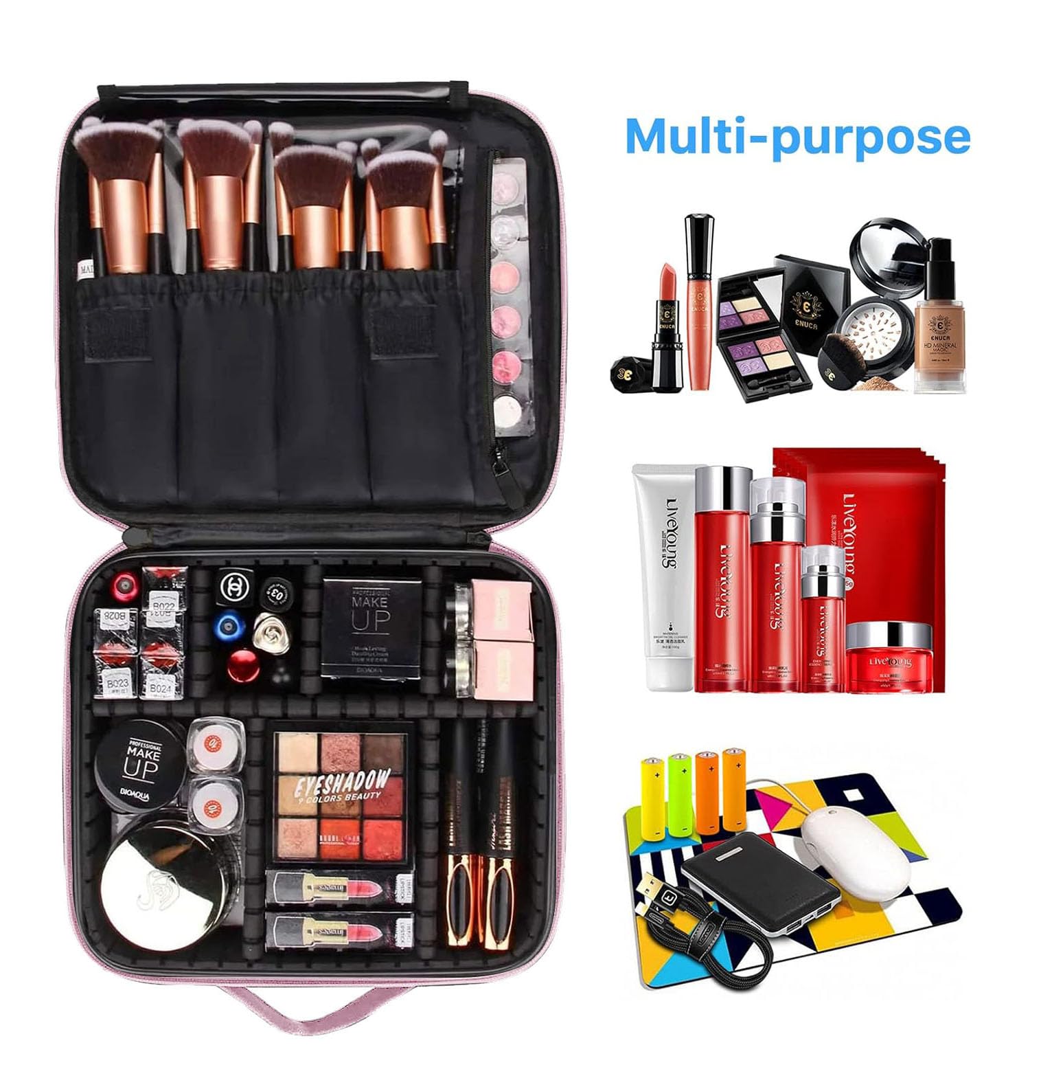 House of Quirk Makeup Cosmetic Storage Case with Adjustable Compartment (Shimmer Gold) 1