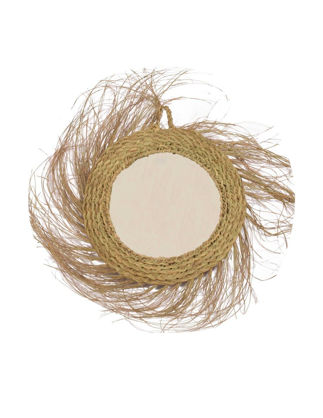 Jardin202 - Espejo de Esparto Pared Decorativo con Fibras Naturales – Espejo Redondo Vintage | Grande (con Flecos)