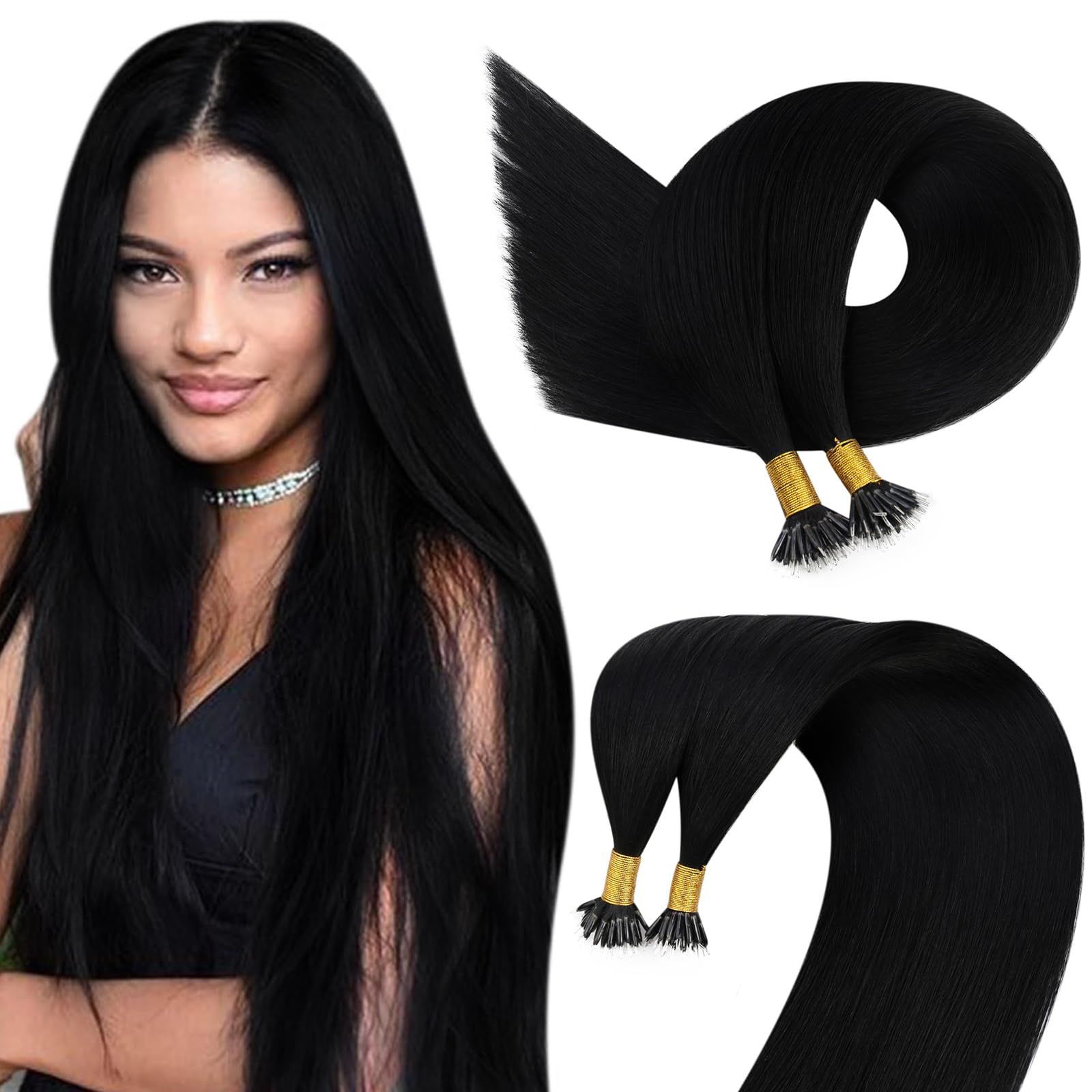 Easyouth Hair Extensions Nano Black Nano Beads Hair Extension Real Human Hair Jet Black Nanos Ring Hair Extensions Human Hair Natural Luster 24 Inch 50g/50s #1