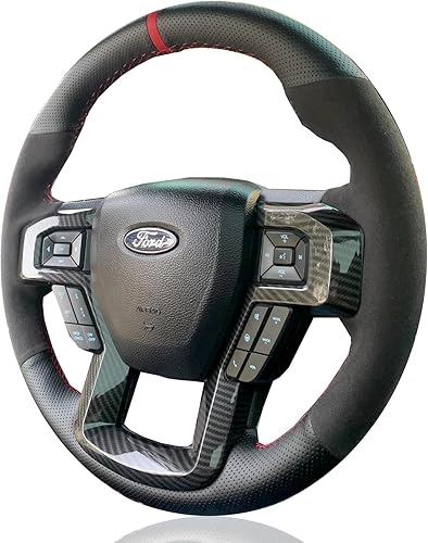 Miniatura 5 de Funda para volante de piel perforada negra y gamuza roja, costura a mano en envoltura para Ford F150 Raptor 2016-2019