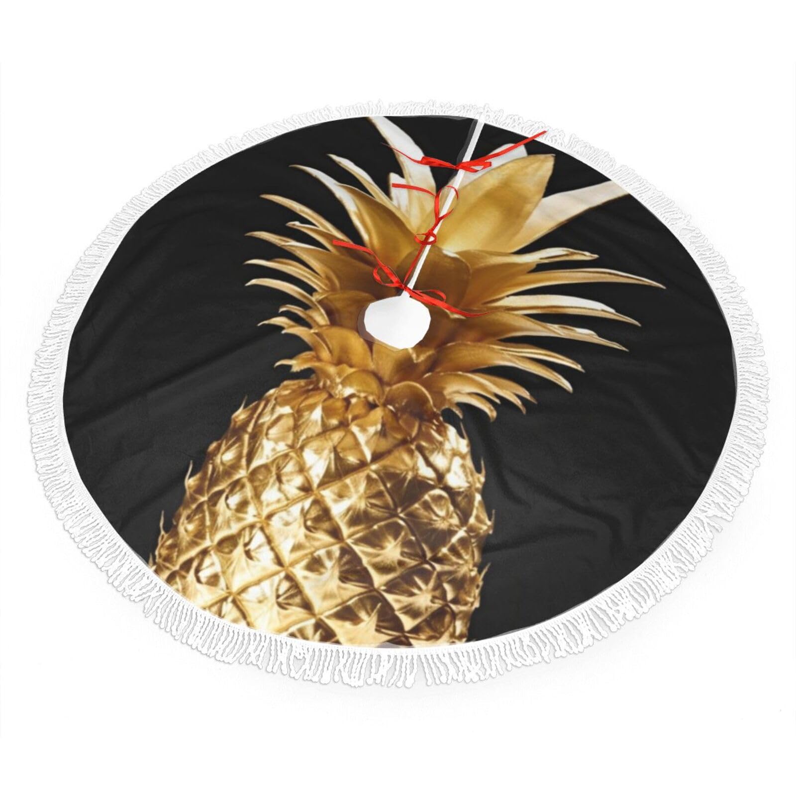 Gold Pineapple Christmas Tree Skirt 36", Soft Plush Xmas Tree Carpet with Tassel Christmas Ornaments Winter Holiday Tree Mat Decoration for Home Party Supplies