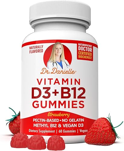Vitamina D3, gomitas B12 del Dr. Danielle, suplemento diario vegano para adultos y niños, sin OMG, vitamina D3 1000 UI y 250 mcg de vitamina B12,