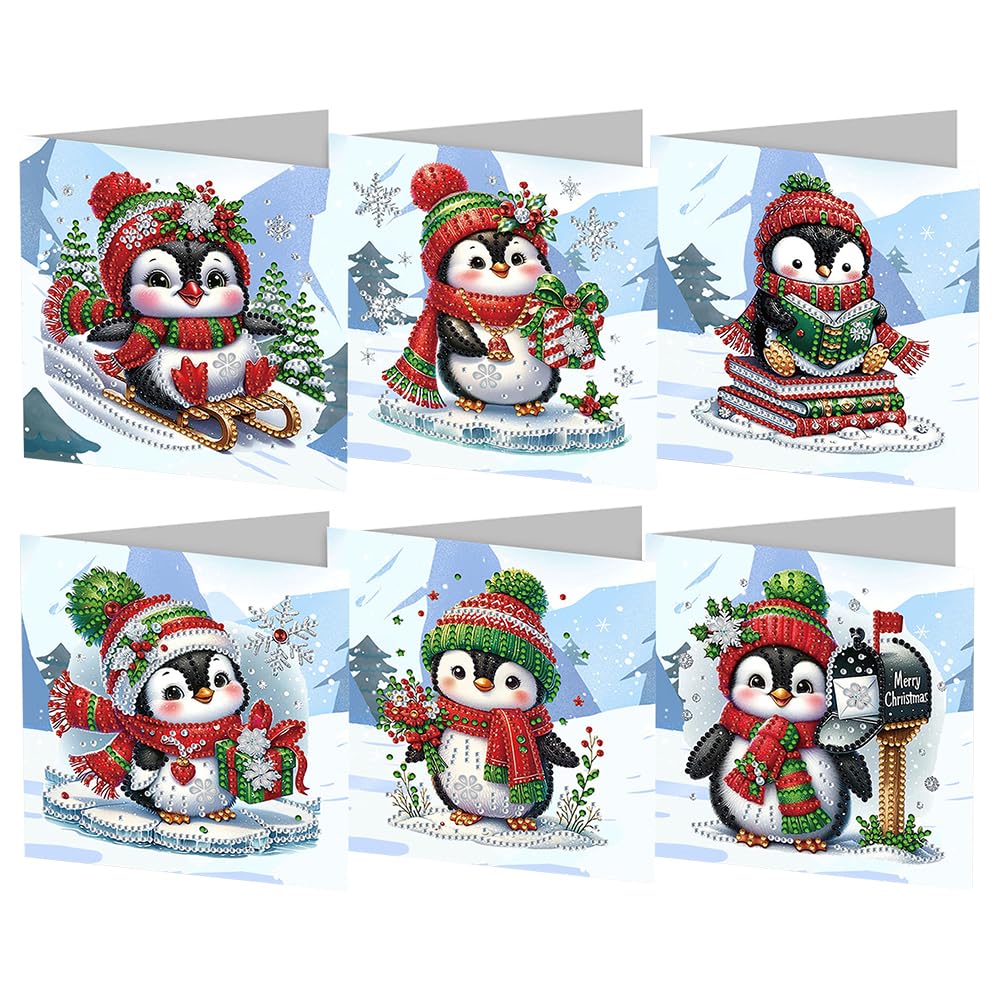 RuiDay 5D DIY Diamond Art Christmas Cards, 2025 New Diamond Art Cards with Christmas Elements, 6/8/12Pcs Christmas Cards, Christmas Diamond Art Greeting Festival Postcards (Penguin 6pcs)