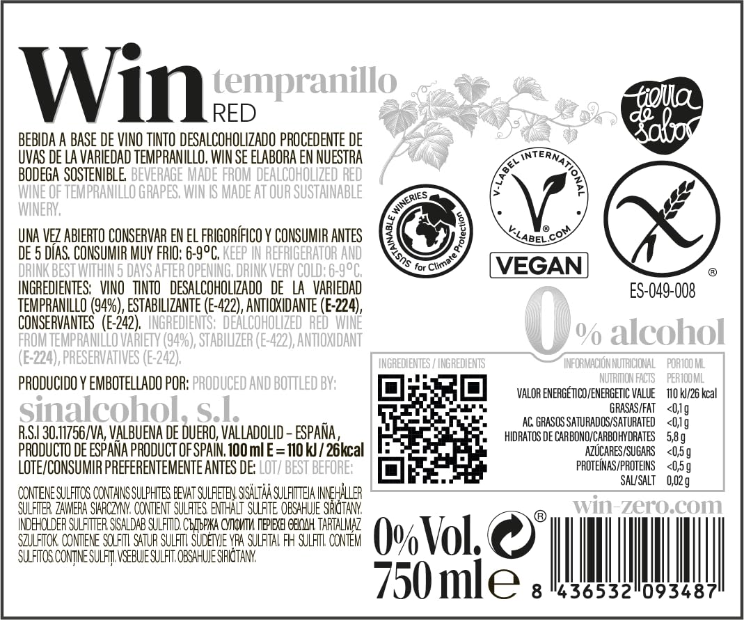 WIN Tempranillo Sin Alcohol – Pack de 3 Botellas x 75 cl | Vino Tinto Tempranillo Desalcoholizado 0% Vol.