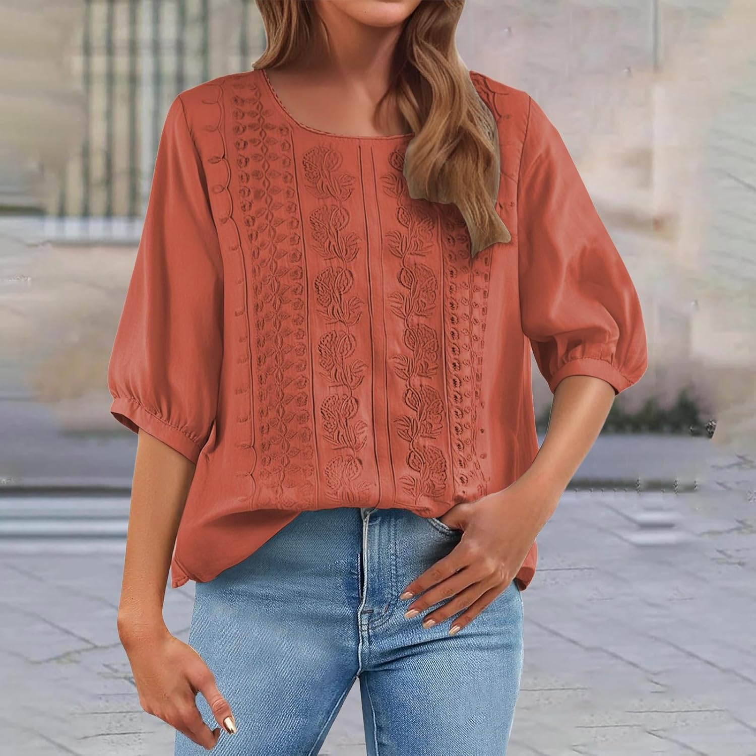 Embroidered Tops for Women Cotton Linen Indian Boho Top Mexican Gauze Shirts 3/4 Sleeve Ethnic Peasant Blouses - Image 4