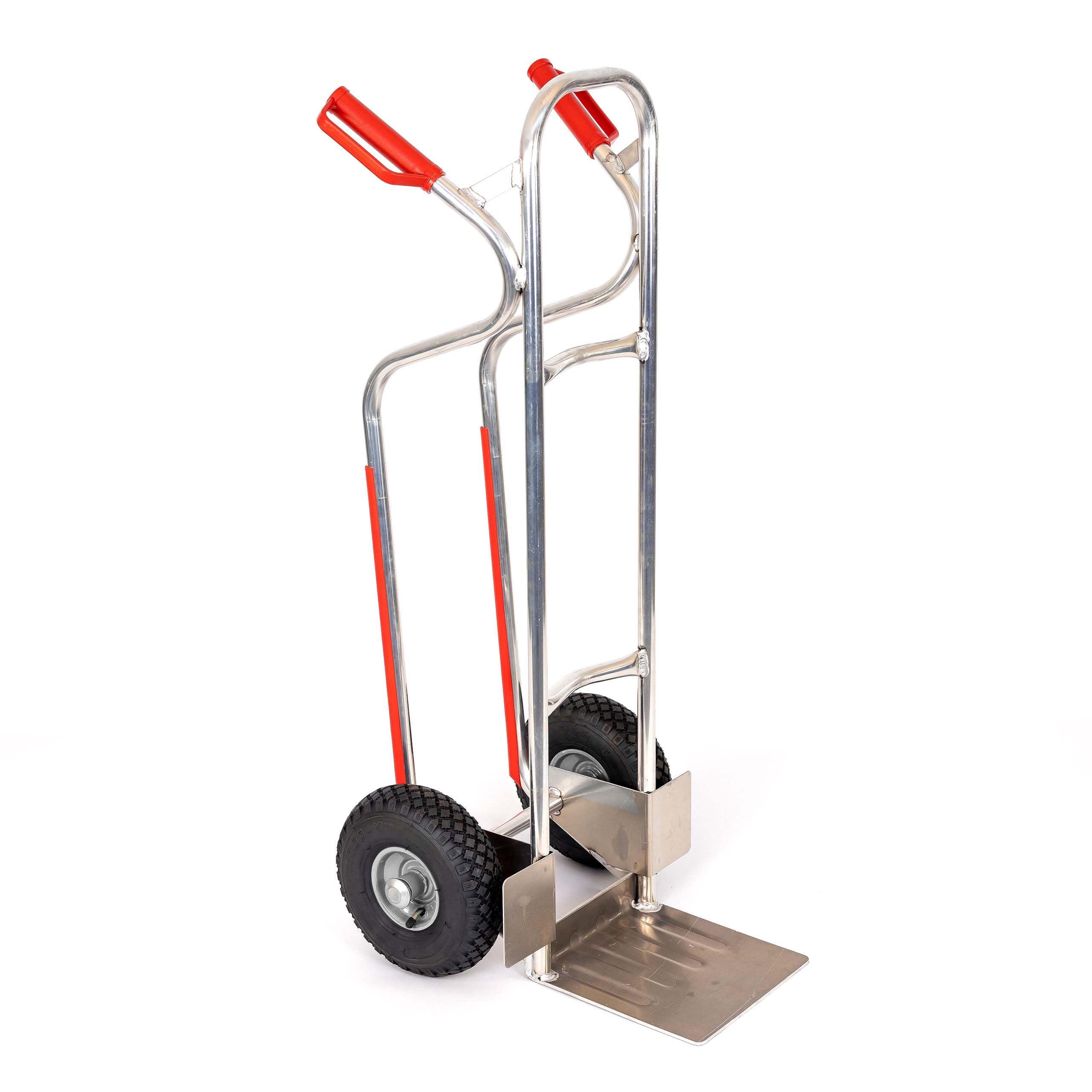 RLW Diable professionnel en aluminium Alu200 200 kg – Pelle 280 x 280 mm – Fabriqué en UE – Pas d'importation d'Asie !! (roue pneumatique noire / 4 PR/jante en métal gris argenté/roulement à roulettes