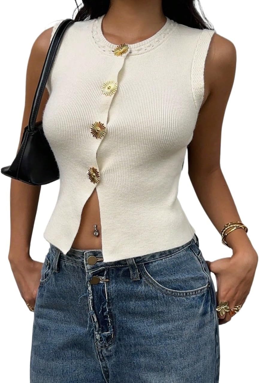 Women Fall Trendy Single-Breasted Round Neck Casual Knit Vest Tops Sweater Vest Top