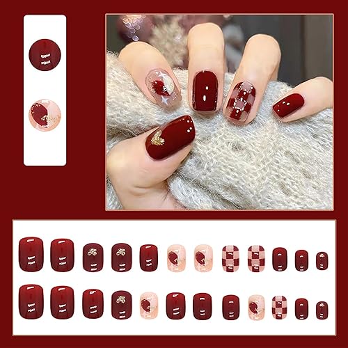 Miniatura 5 de Uñas postizas a presión de otoño, uñas acrílicas cuadradas medianas con diseño de patrón de amor y a cuadros, uñas postizas con purpurina dorada,