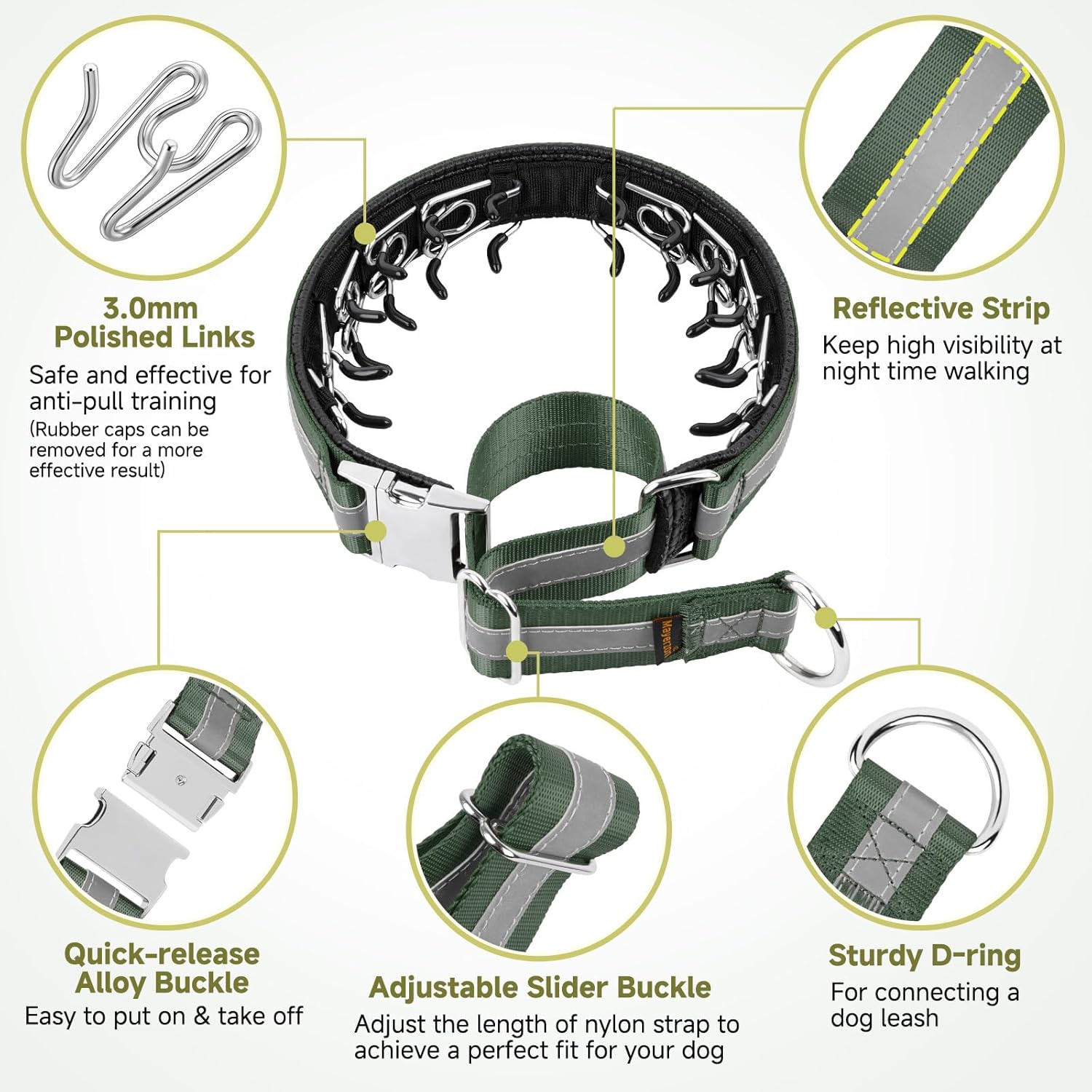 Mayerzon Martingale No Pull Collar for Large Medium Dogs, Patented Dog Walking Training Collar for Pulling, 1.5'' Wide Alloy Buckle, Neoprene Padded, Adjustable, Reflective, Easy to Use(L, Green)