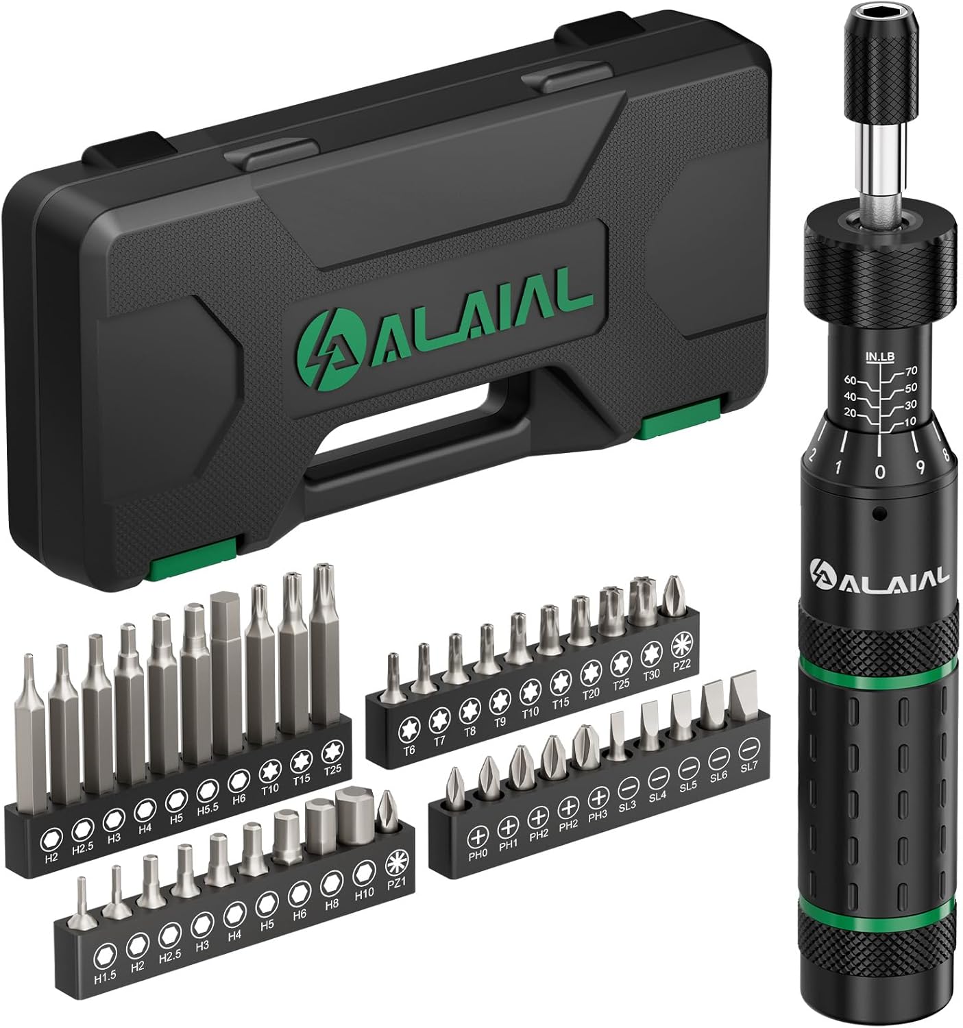 Torque Screwdriver Set 10-70 in-lb, Adjustable Inch-Pound Torque Driver Kit with S2 Steel Bits & Case – Prevents Over-Tightening for Scope Mounting, Electronics & Bicycle Maintenance, Green