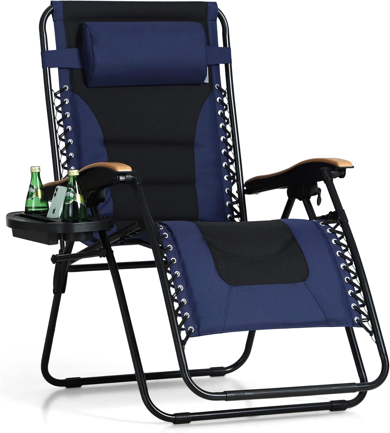 PHI VILLA XXL Outsized Padded Zero Gravity Chair, Foldable Patio Recliner, 30″ Large Seat Anti Gravity Lounger with Cup Holder, Assist 400 LBS (Navy Blue)