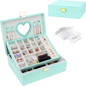 Jewellery Box Organiser, 2 Layers Velvet Jewellery Storage Case with Mirror, Large Removable Compartment Jewelry Organiser for Rings Earrings Bracelets Necklaces, Mint Green