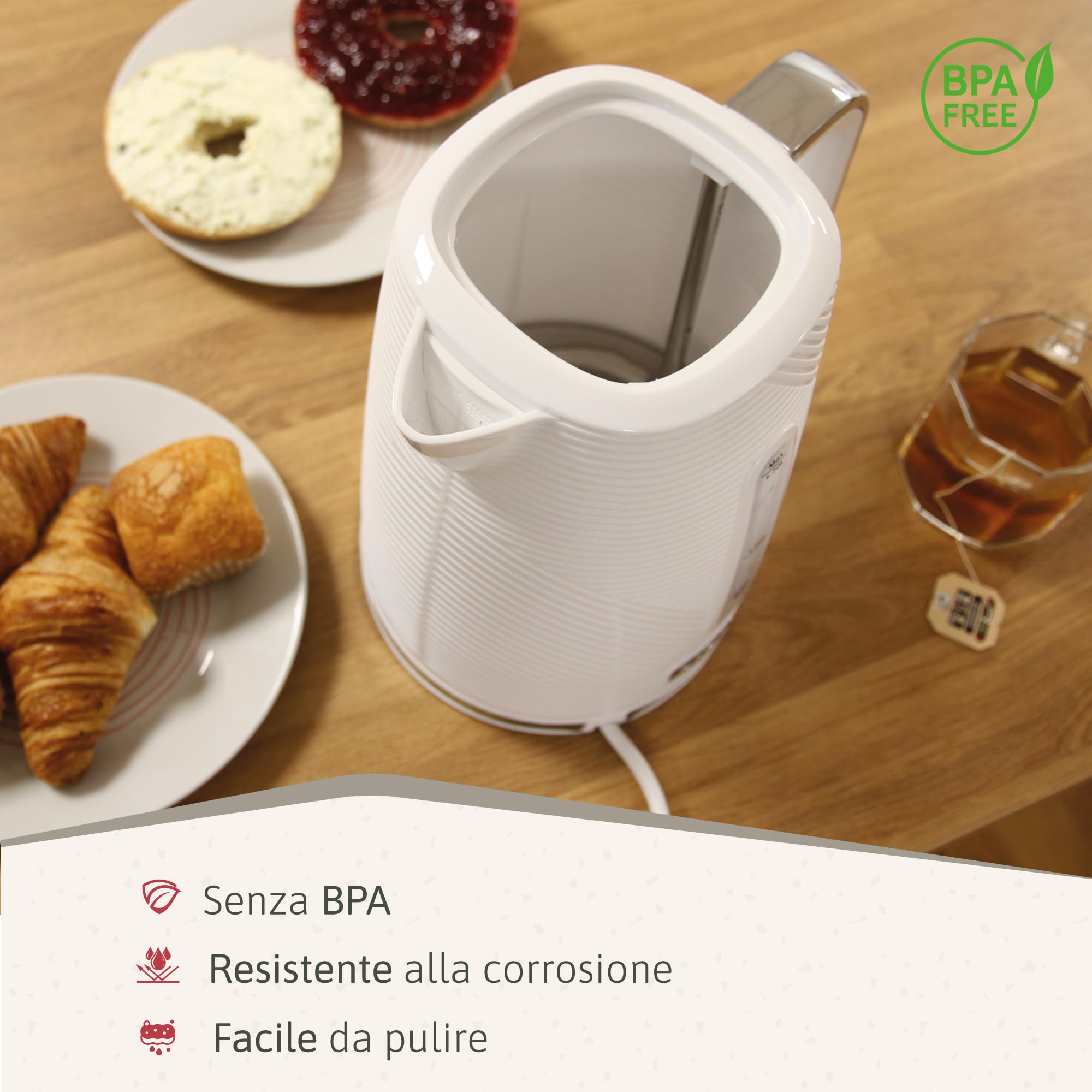 briebe Elegance Tostapane a Fessura Larga a 2 Fette, 7 Livelli di Tostatura, Pinze + Bollitore Elettrico 1,7L Cordless, Ebollizione Rapida 2200 W, senza BPA, Set Colazione, Design Moderno Bianco