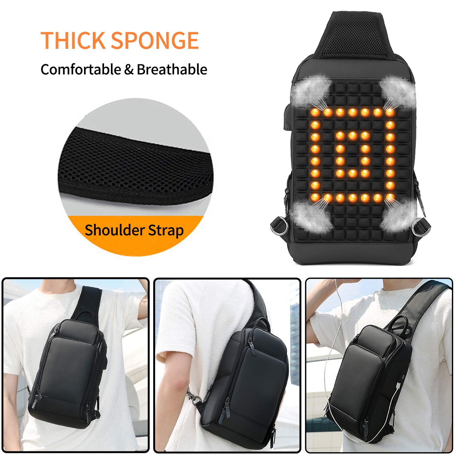 FANDARE Bolsa de Pecho Hombre Bolsa Deportiva de Hombro Bandoleras Cruzada 7.9 Inch Tablet con USB Bolsa de Hombro Gran Capacidad Bolsa de Mochila para Ciclismo,Viaje Impermeable Poliéster