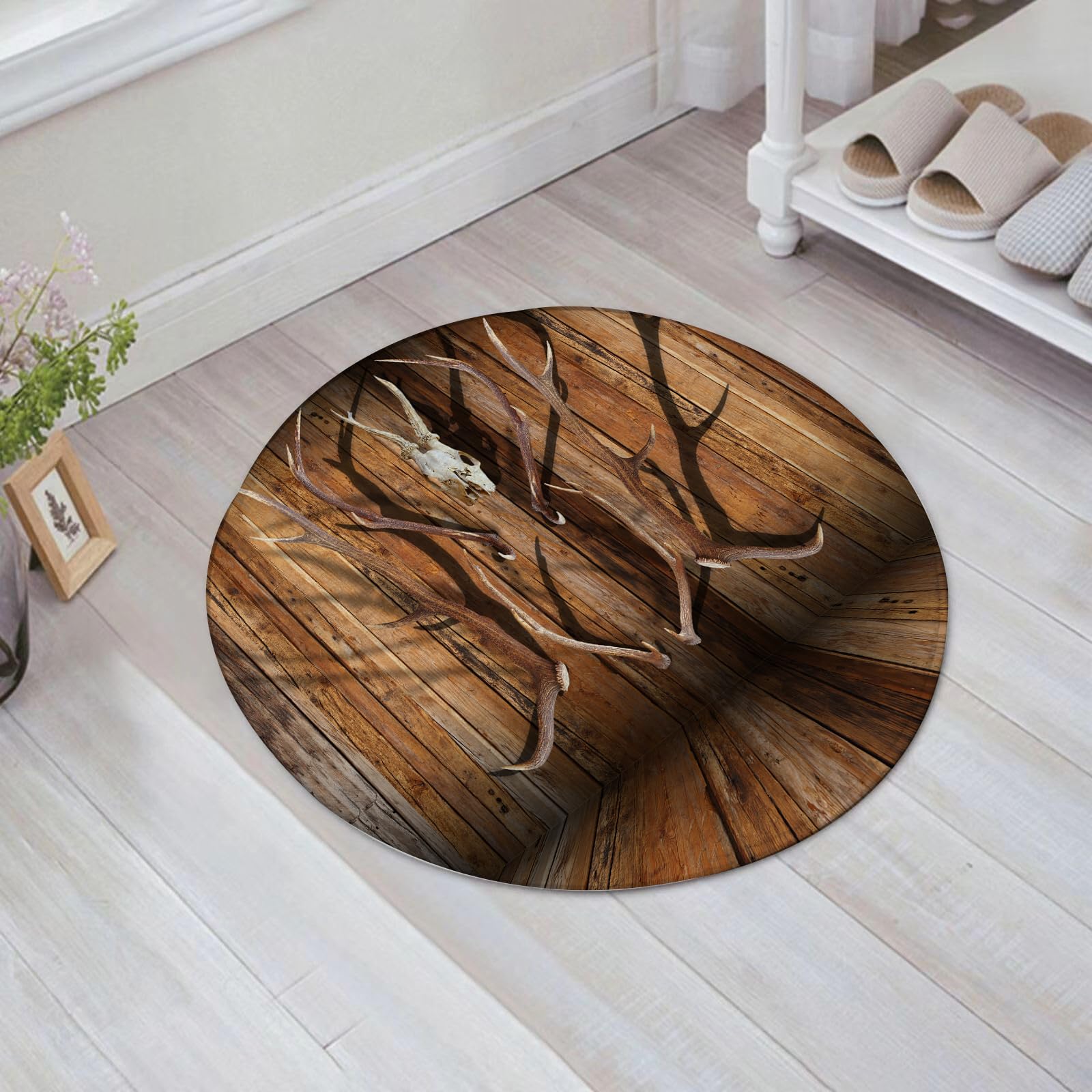 EMFSLA Bath Mat 24x24 in,Living room safari antlers and deer skull on wooden plank background,Non-Slip Bathroom Mat Machine-Washable,Ultra Soft and Water Absorbent Bath Rug for Bathroom