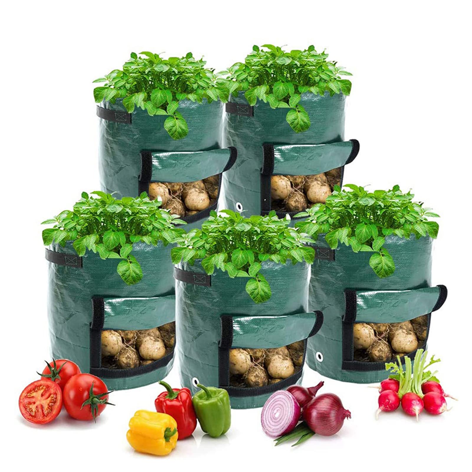 Macetas de Plantación, Paquete de 5 Bolsas de Cultivo de Fresa, PE Bolsa de Planta Transpirables para Jardines, Bolsas de Cultivo de Plantas de Papa para Flores Plantas, 7 gallons