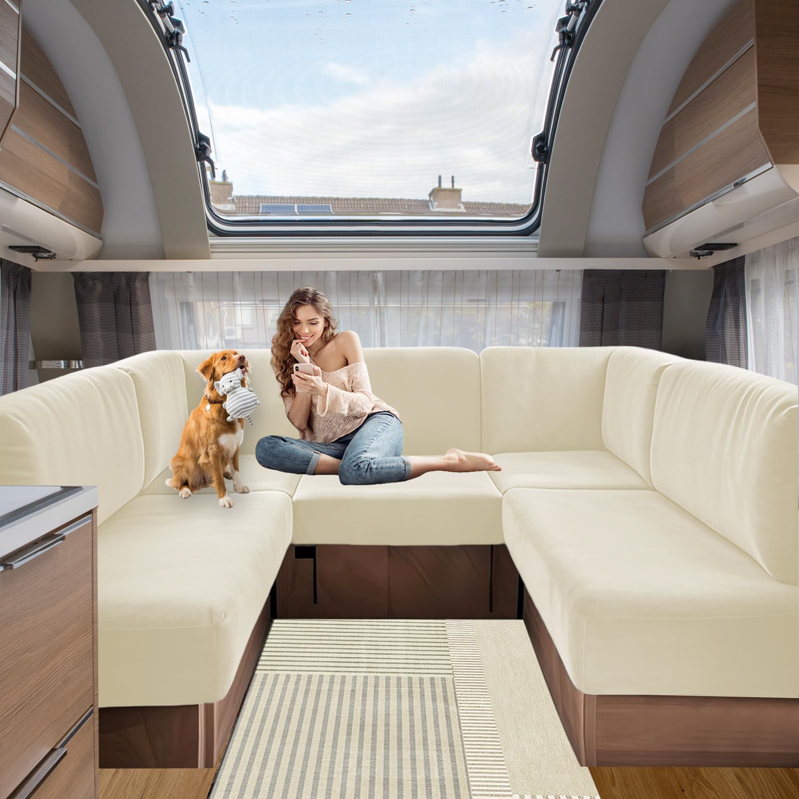 SHUOJIA Bezüge für Wohnwagenpolster Samt, rutschfeste Wohnmobil Sitzbezüge mit Cord, Sofa Sitzkissenbezug für Schonbezug Wohnwagen Polster, Waschbar (Beige,W60-90 cm,D30-55 cm)