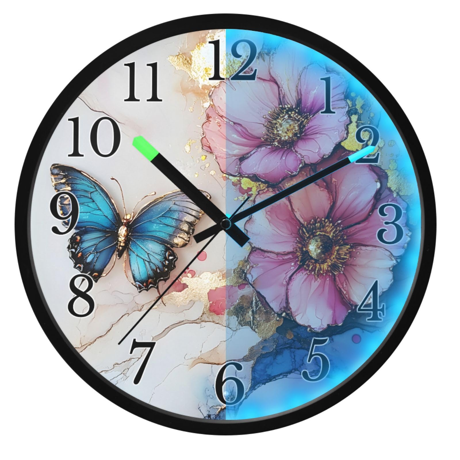 Mnsruu Reloj de pared luminoso con diseño de flores y mariposas, reloj de pared que brilla en la oscuridad, funciona con pilas, silencioso, sin tictac, luz nocturna para dormitorio