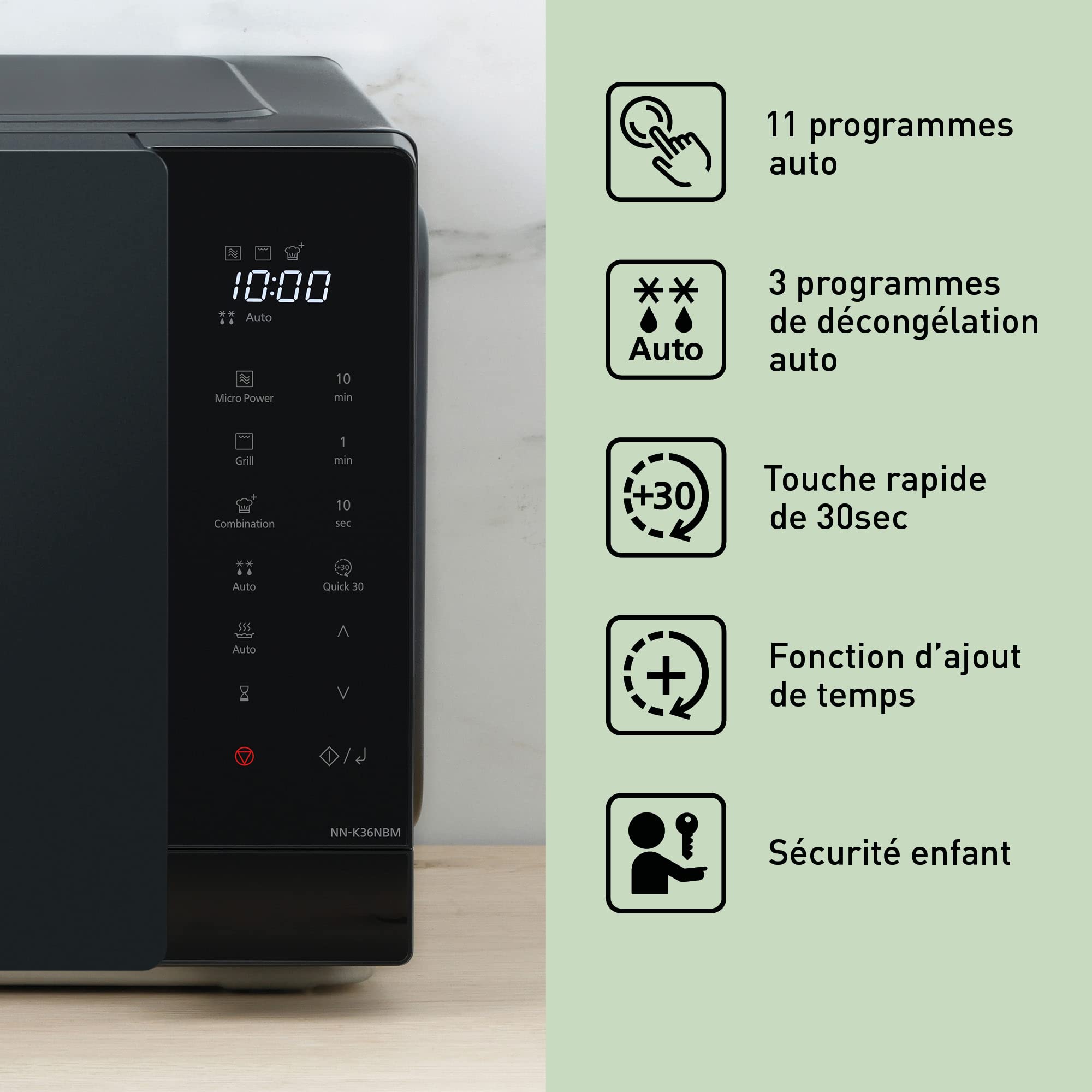 Panasonic NN-K36NBMEPG, Four à Micro-Ondes grill, 24 Litres, Puissance 900W, 8 Programmes Automatiques, Double Technologie de Cuisson, Fonction Quick 30, Noir