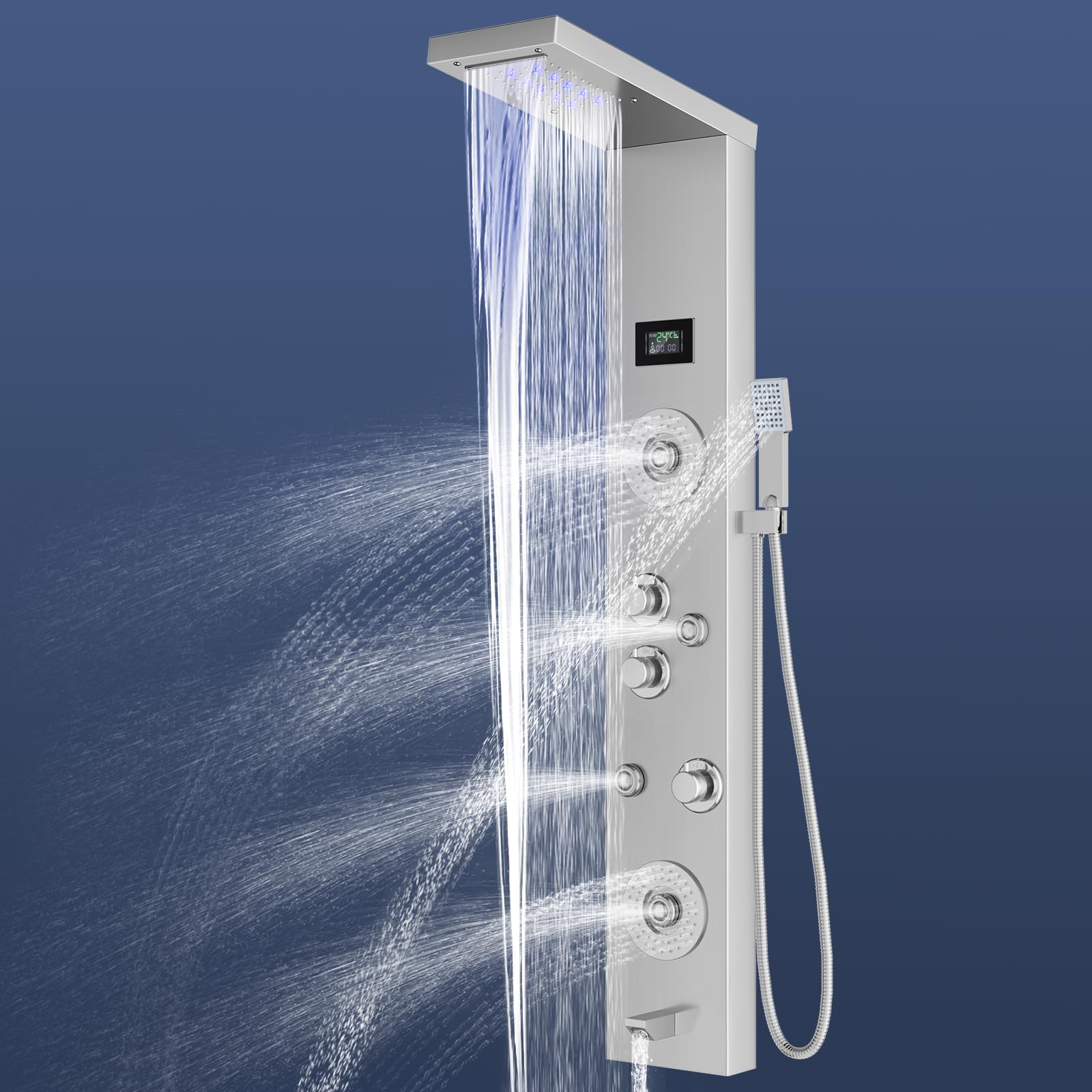 Velpax Black Stainless Steel Shower Panel With Led,5 In 1 Function Column,Manually Controlled Thermostatic Shower Panel Column Tower With Waterfall Rainfall Shower, Massage Jets, Hand Shower, Tub Spout