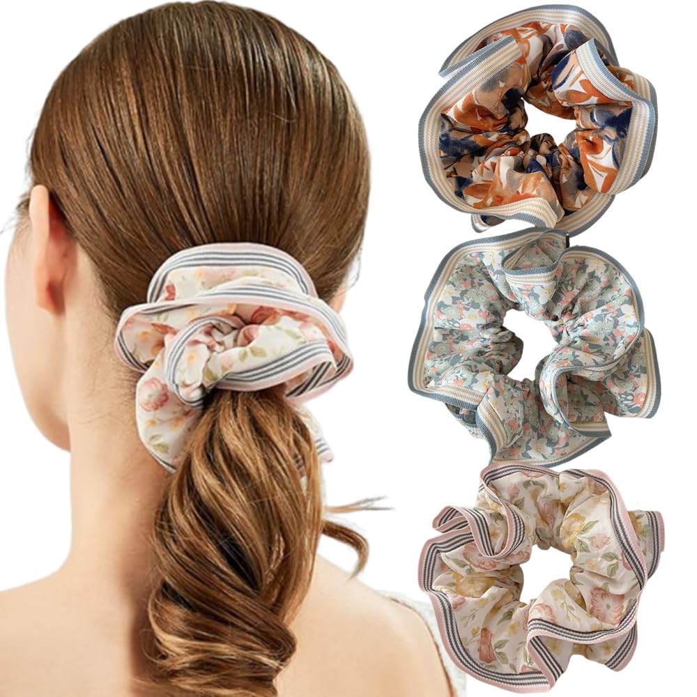 Ouliget Large Floral Scrunchies, Oversized Retro Oil Painting Satin Hair Ties,Jumbo Silk Stretchy Scrunchie for Sleep No Damage,3 Pieces