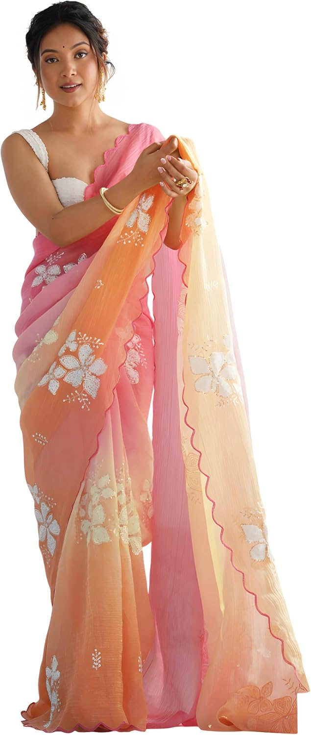 Saree for Women's Fancy 2 Tone Embroidery Siquince Bollywood Party wear Saree Indian Saree
