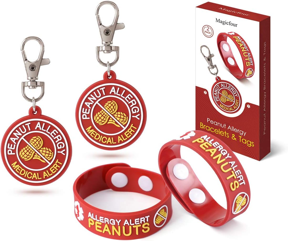 Magicfour Peanut Allergy Bracelets, Food Allergy Bracelets, 2 Pack Adjustable Silicone Peanut Allergy Wristband for Kids and 2 Pack Peanut Allergy Medical Alert Tags for Bags and Keychain