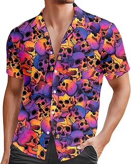 Caxndycing Camisa hawaiana para hombre, estampado de calavera, camisa de manga corta, vintage, moderna, camisa de verano, ligera, con solapa, botones, camisa informal vintage Y2K