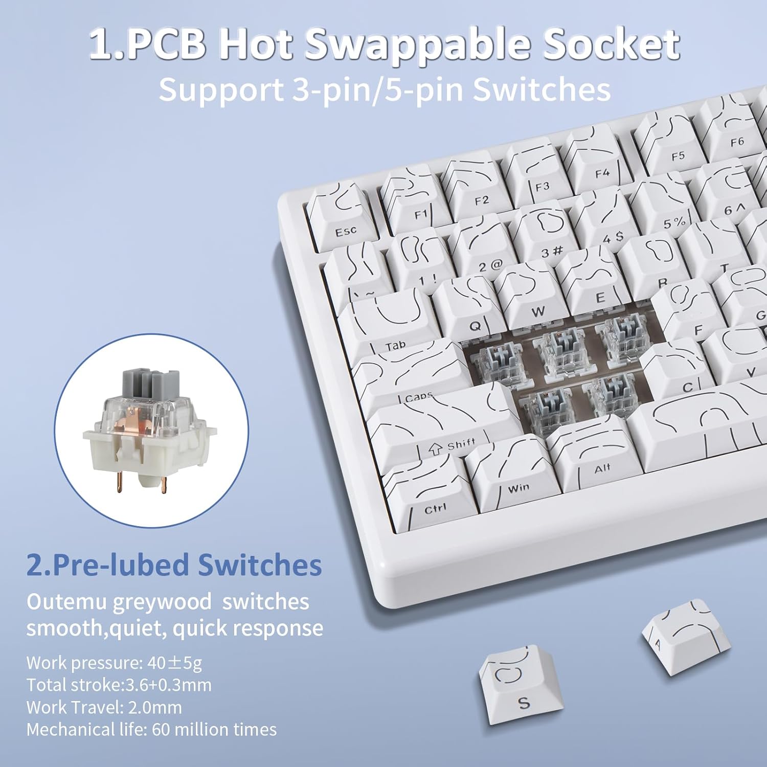 HUO JI 75% Wireless Mechanical Gaming Keyboard, Bluetooth/2.4G/USB Wired, Creamy Sound, RGB Backlit, Hot Swappable Pre-lubed Linear Switches, Volume Knob, Custom Gasket Structure for Win/Mac, White