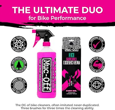Muc-Off Nano Tech Bike Cleaner 1L & 3 Premium Bike Brush Set | Includes Soft Washing, Claw & Detailing Brush | Fast-Acting 1L Bike Wash | Safe on Carbon Fibre, Paintwork & All Bikes