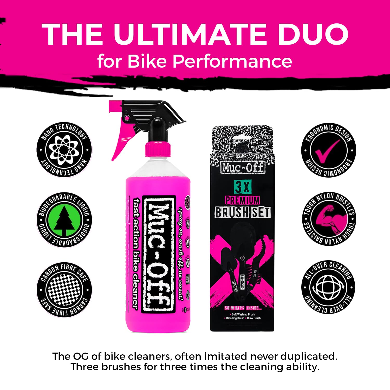 Muc-Off Nano Tech Bike Cleaner - Set di spazzole premium da 1 l e 3 spazzole per pulizia della bici, include spazzola morbida, artiglio e dettagli | Lavaggio rapido per bici da 1 l, sicuro su fibra di