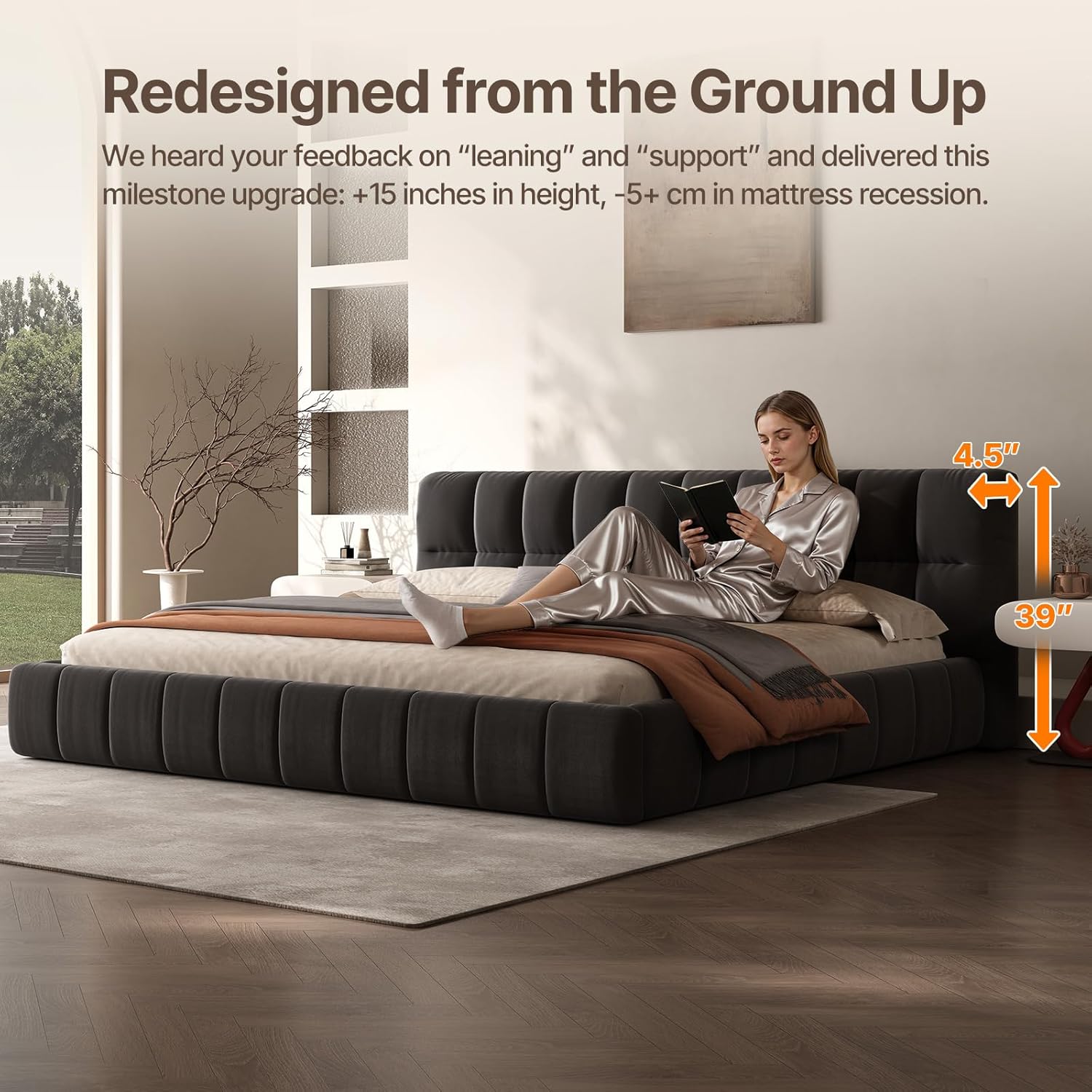 King Size Cloud Upholstered Bed Frame with Thick Fabric, Chenille Fabric Grounded King Size 39" High Platform Bed with Headboard and Solid Frame. No Box Spring Needed,