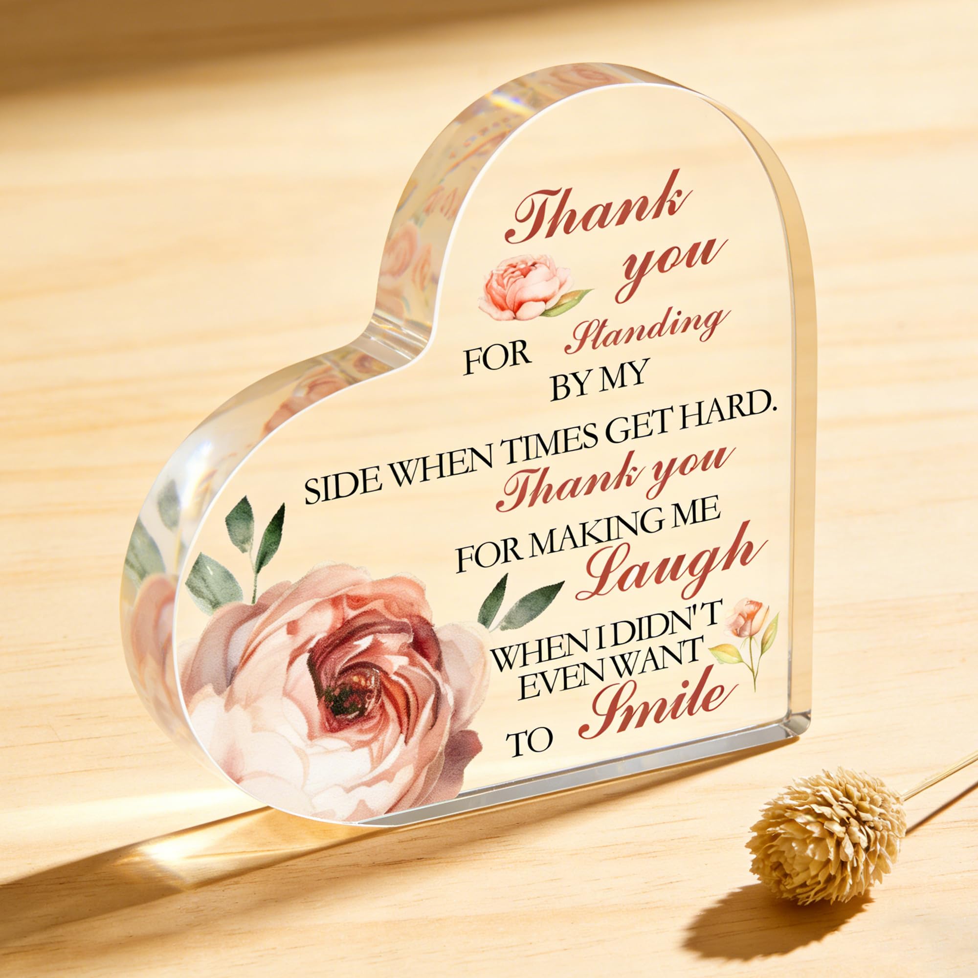 Minwegi Women's Color Acrylic Heart Thank You Gift - 10X10cm Durable Appreciation Plaque For Men, Colleagues - Romantic Rose Design With Elegant Script