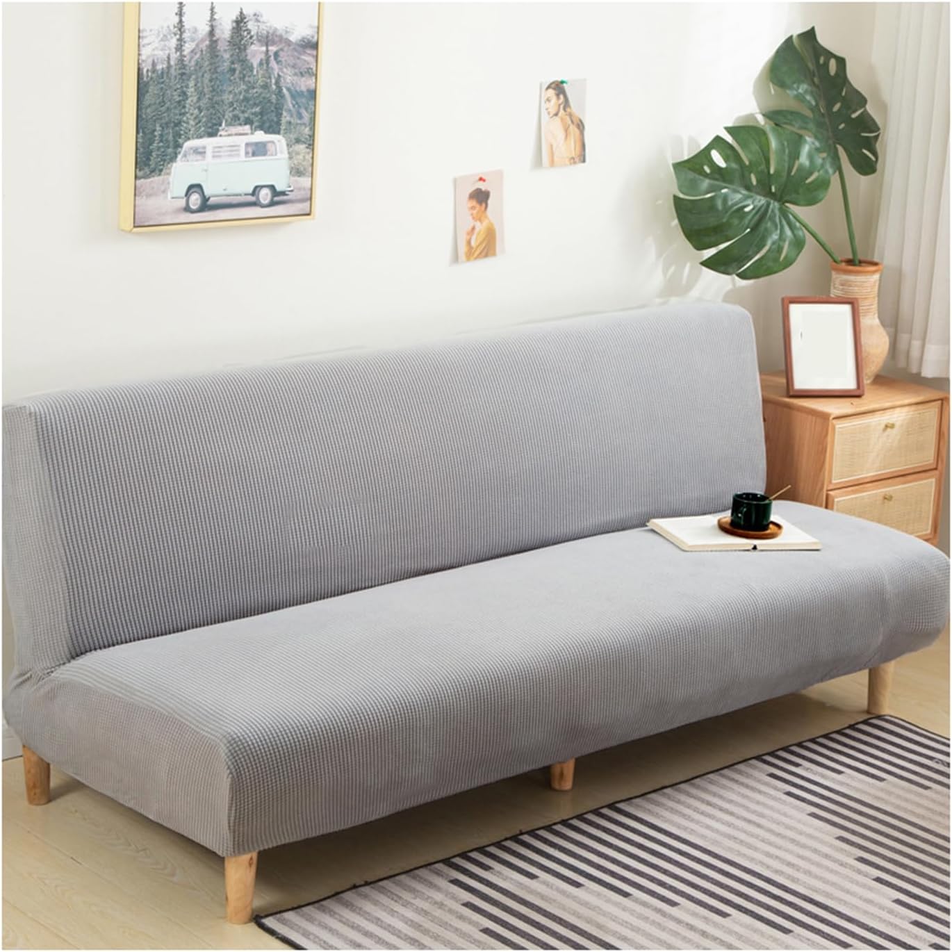 All-Inclusive Futon Armless Cover Anti Scratch, Removable Armless Futon Cover 3/2/1 Seater Stretch Sofa Bed Slipcover, Small Checks Jacquard Fabric, Washable Sofa Bed Cover Futon,I,L1
