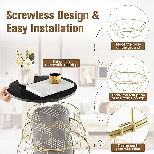 Miniatura 5 de Giantex Mesa auxiliar de mármol sintético, mesa auxiliar redonda con marco de metal dorado y parte superior extraíble, moderna mesa de noche para