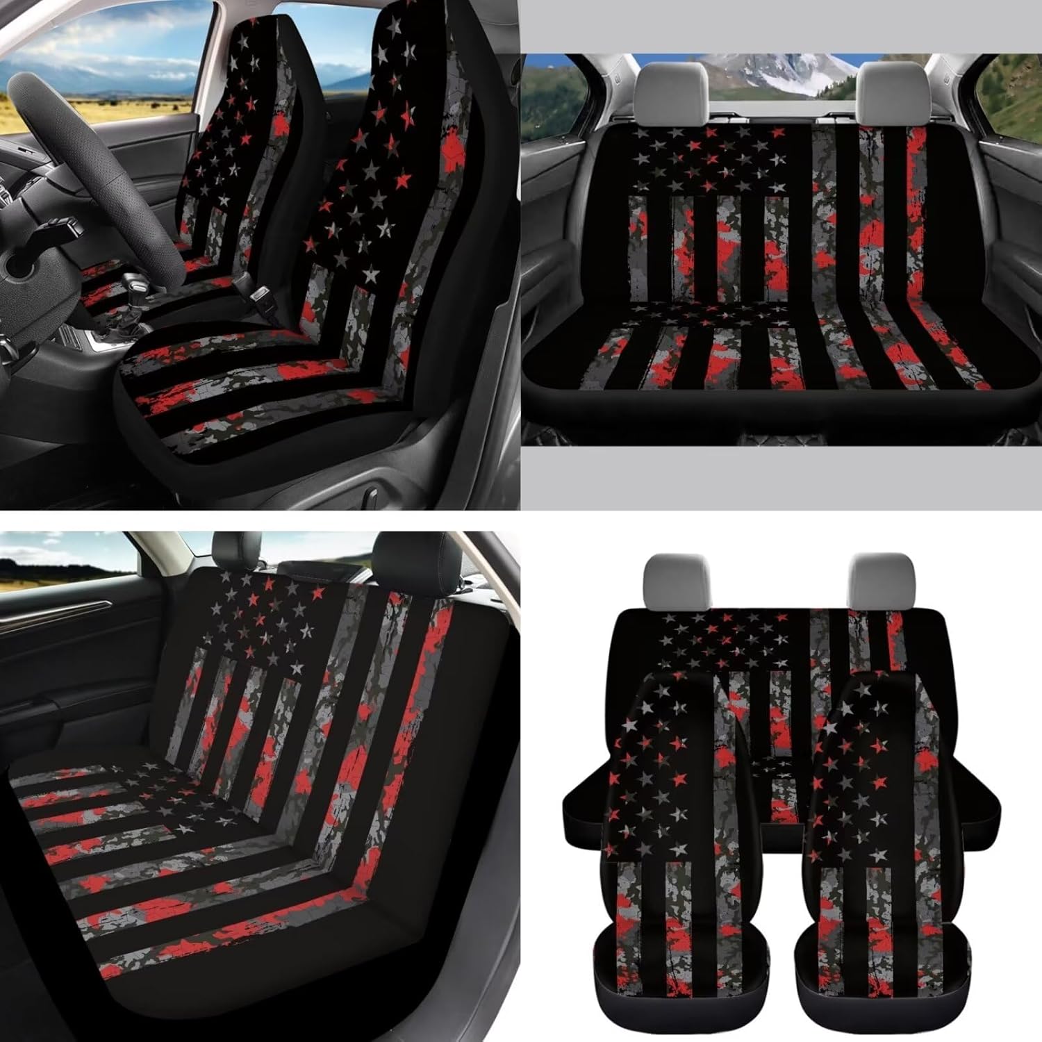 12 Pcs American Flag Car Seat Covers Full Set Car Seat Covers/Steering Wheel Covers/Seat Belt Pads/Key Chain/Coaster/Lipstick Holder Universal Fit Almost Vehicle