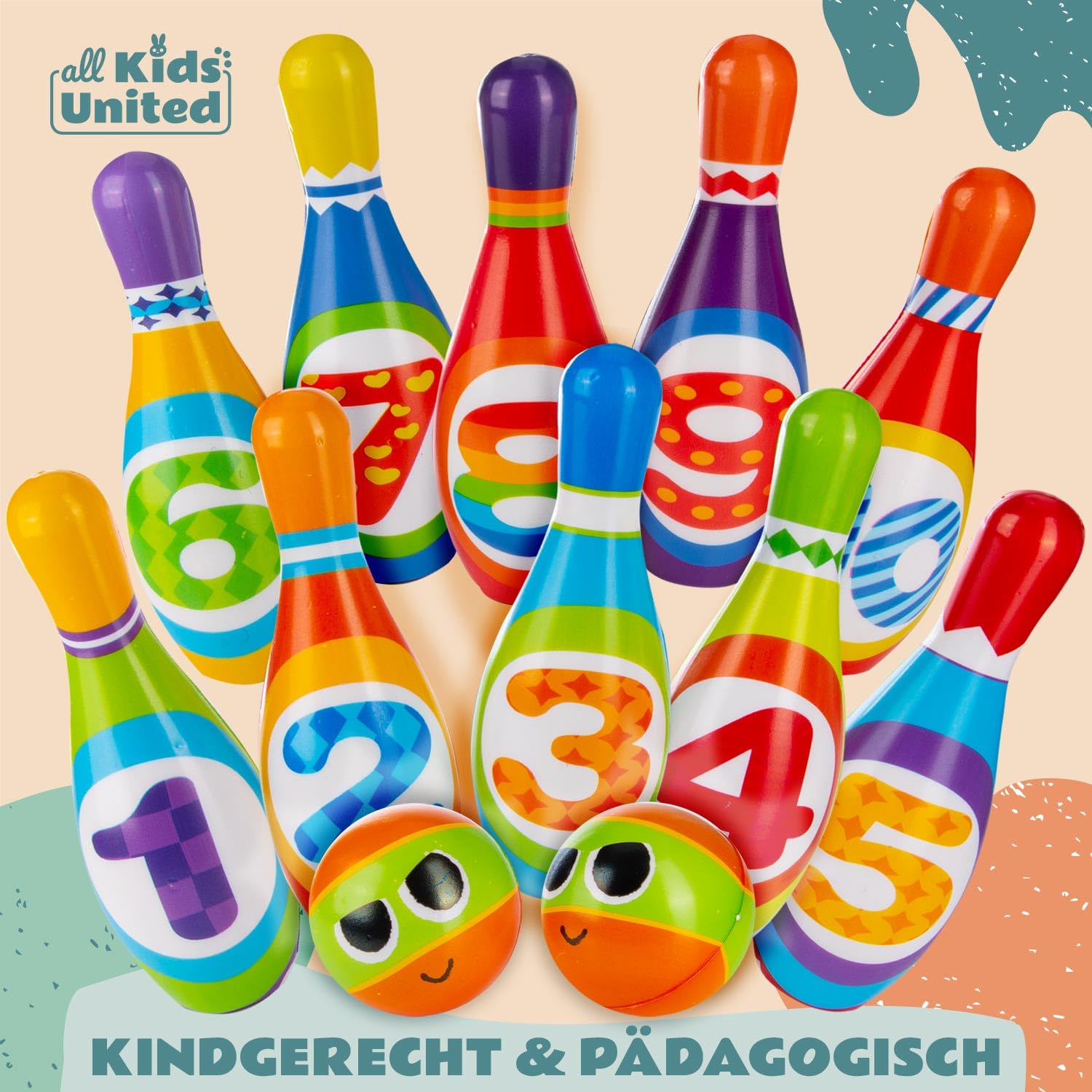 all Kids United® Jeu de quilles pour Enfants Set de Bowling XXL avec quilles Souples en PU et 2 Boules ; Jouet éducatif pour l'intérieur & l'extérieur en Mousse (Set de 10 pièces)