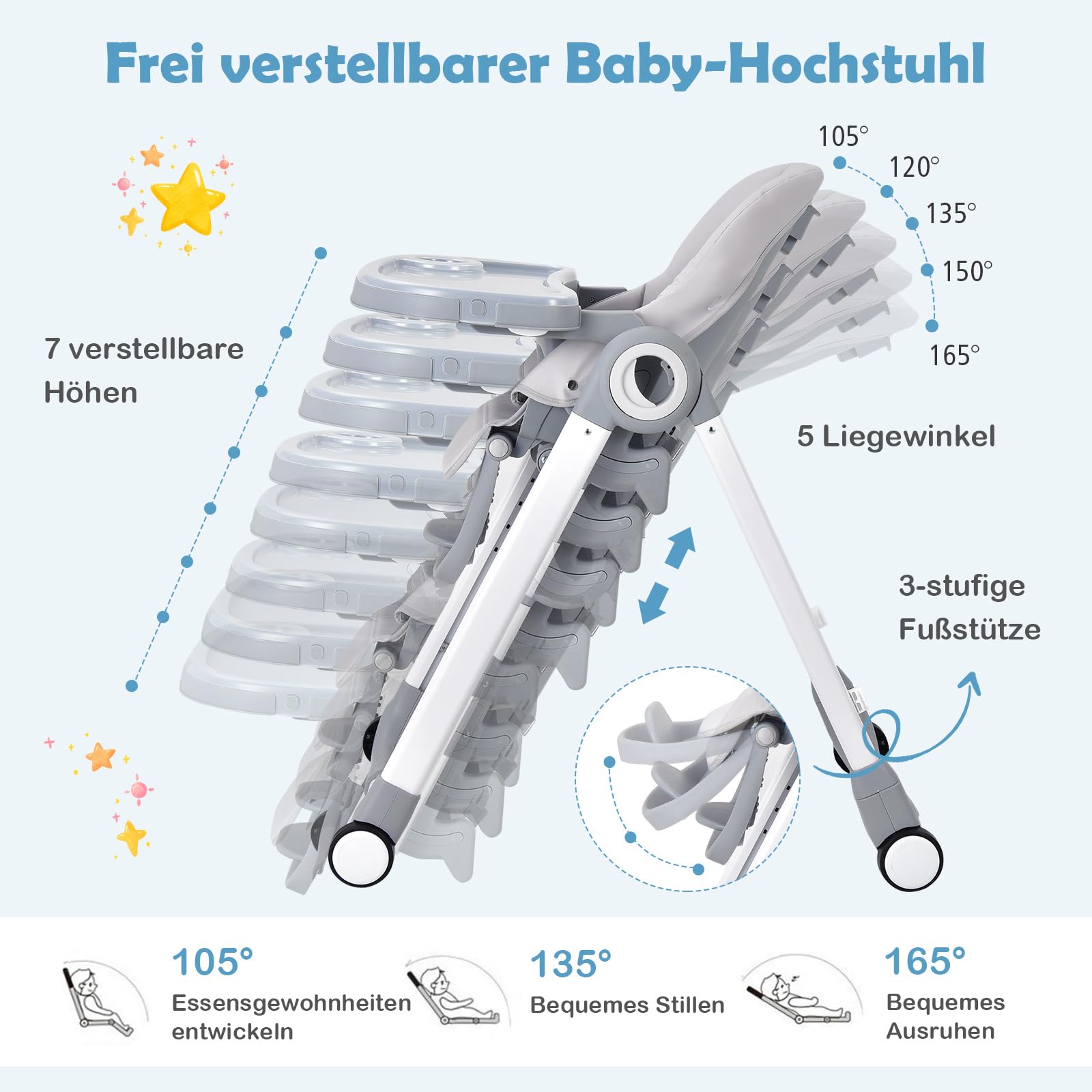 COSTWAY Kinderstoel voor baby's, inklapbaar, babystoel met ligfunctie